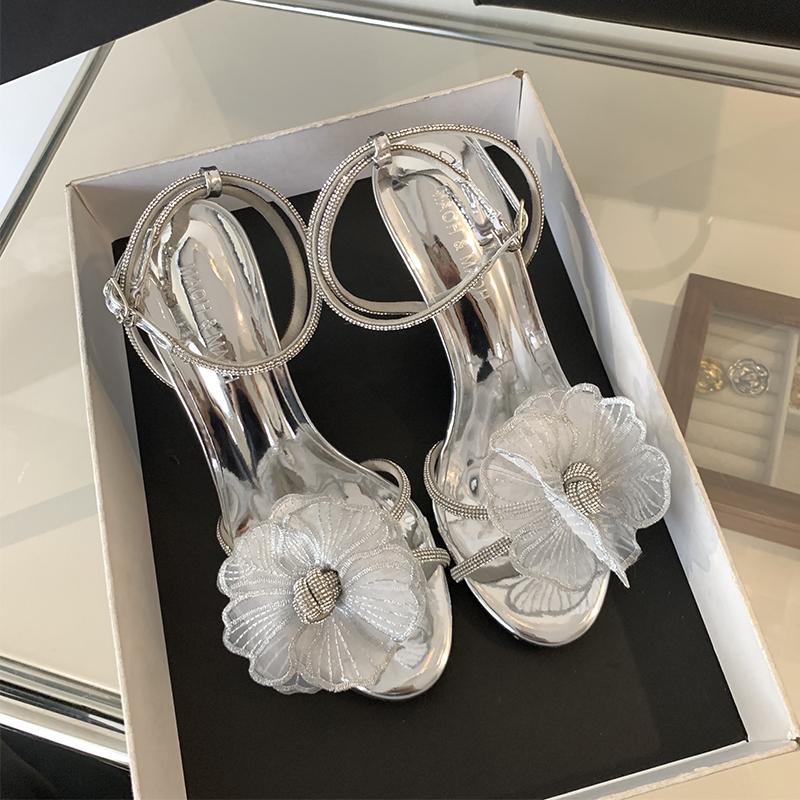 Fashion 2025 New Leisure Rhinestone Square Buckle Baotou Extra Wide Hollow Sandals Pointed Head High Heel Single Shoes Women