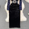 New Autumn Celebrity Temperament V Neck High Waist Dress with Bronzing Printing Fold Stitching and False Two Bag Hip Design