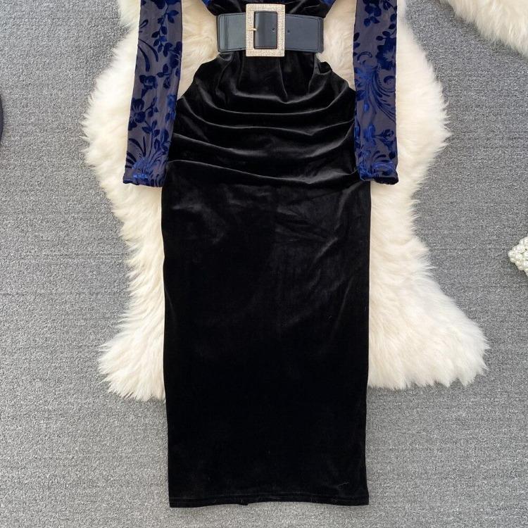 New Autumn Celebrity Temperament V Neck High Waist Dress with Bronzing Printing Fold Stitching and False Two Bag Hip Design