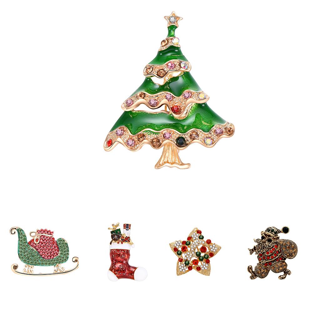 Women Girls Crystal Brooch Cartoon Christmas Series Breastpin Xmas Tree Brooch Cute Clothes Decor