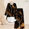 Women Plus Size Two Piece Set Round Neck Long Sleeve Printed High Low Top Wide Leg Pants