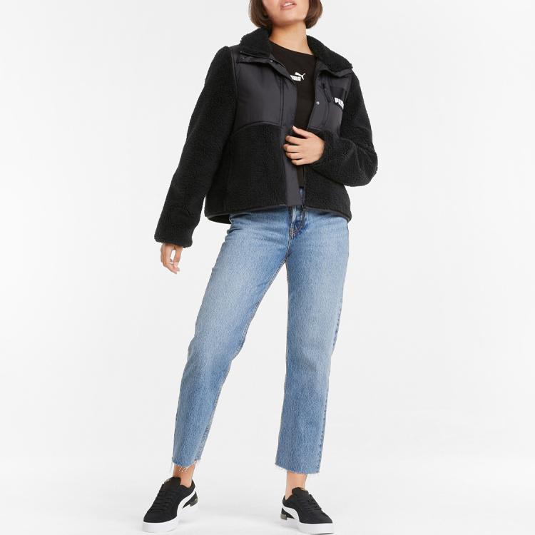 Puma Sherpa Retro Color Block Faux Shearling Stand Collar Striukė Moteriška striukė juoda 846362-01