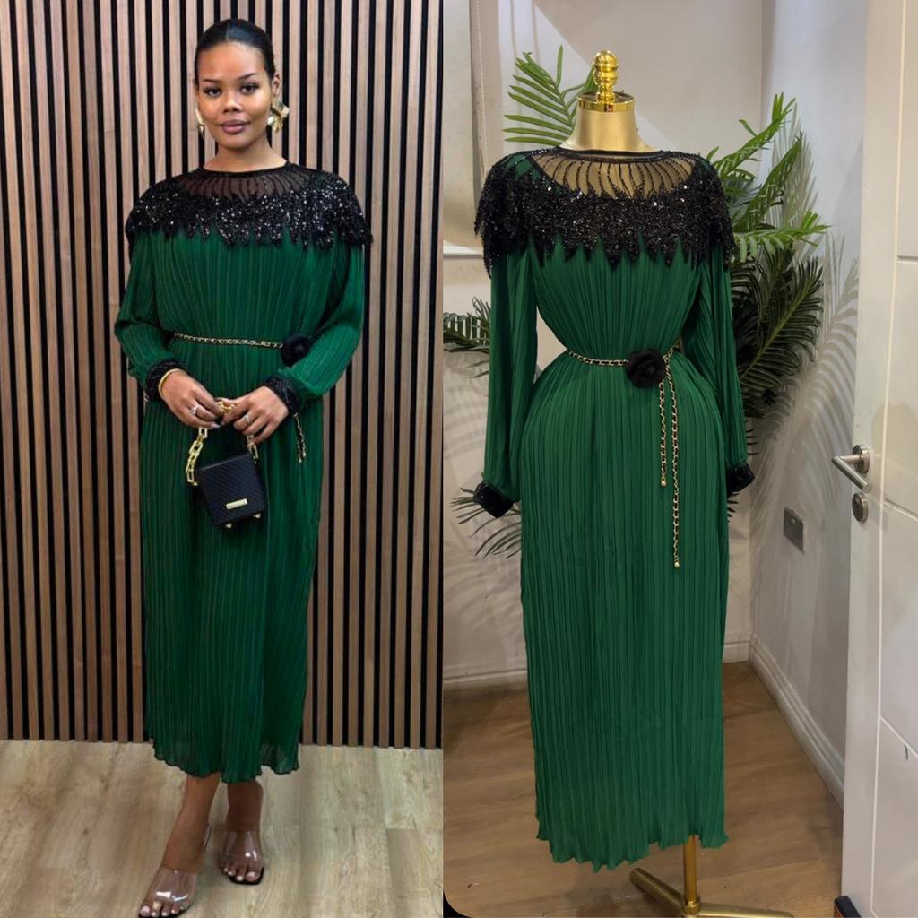 Sukienka Damska w Stylu Vintage Court Jesienna Ciężki Przemysł Z Cekinami Haftowana Długa Plisowana z Bufiastymi Rękawami Spódnica Plisowana