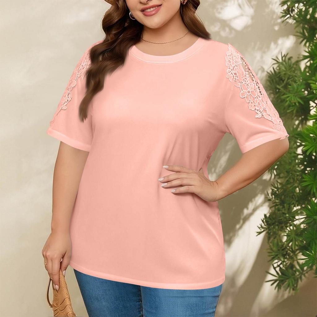 Plus Size Women's Fashion Casual Loose Elegant Off-shoulder Hollow-out Short-sleeve T-shirt Top