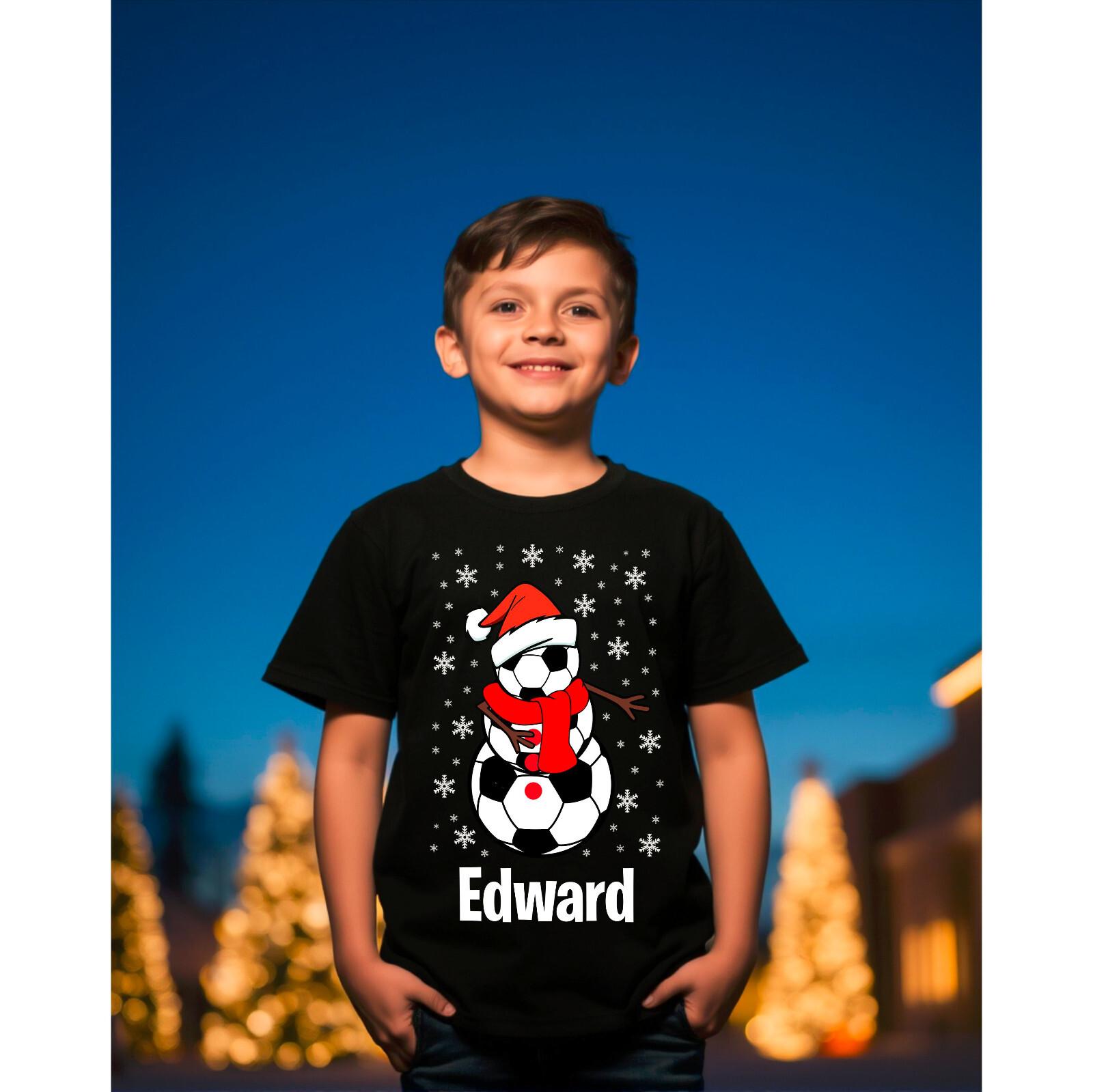 Personalised Christmas FootBall Snowman T-Shirt Soccer Ball Santa Hat Shirt Top L