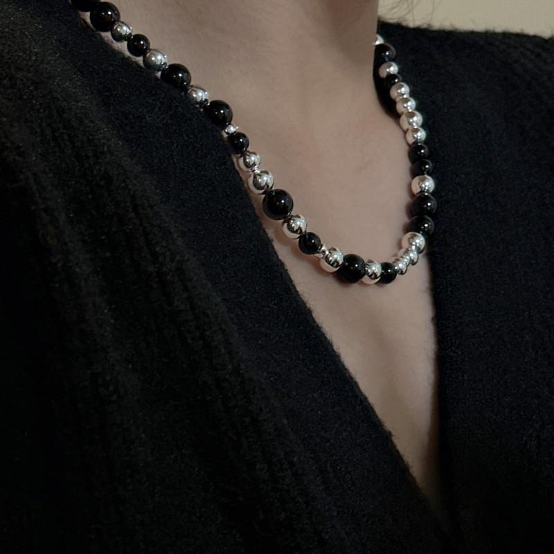 S925 Sterling Silver Niche Design Sense Simple Black Agate Necklace Fashionable Simple Personality Collarbone Chain
