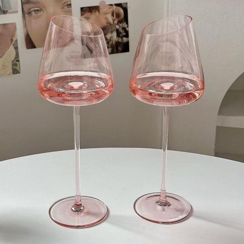 Pink High-end Red Wine Glass, Household Light Luxury Ins-style Wine Glasses, Champagne Glassware, Diagonal Crystal High Barware