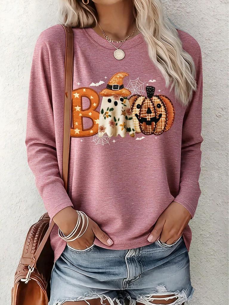 Women Spring Autumn Halloween Print Long Sleeve T-Shirt, Soft Breathable Fabric, Machine Washable, Loose Street Style Casual Fashion Top