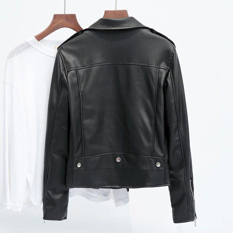 New Women's Black Slim Fit PU Leather Motorcycle Jacket - Spring & Autumn Plus Size