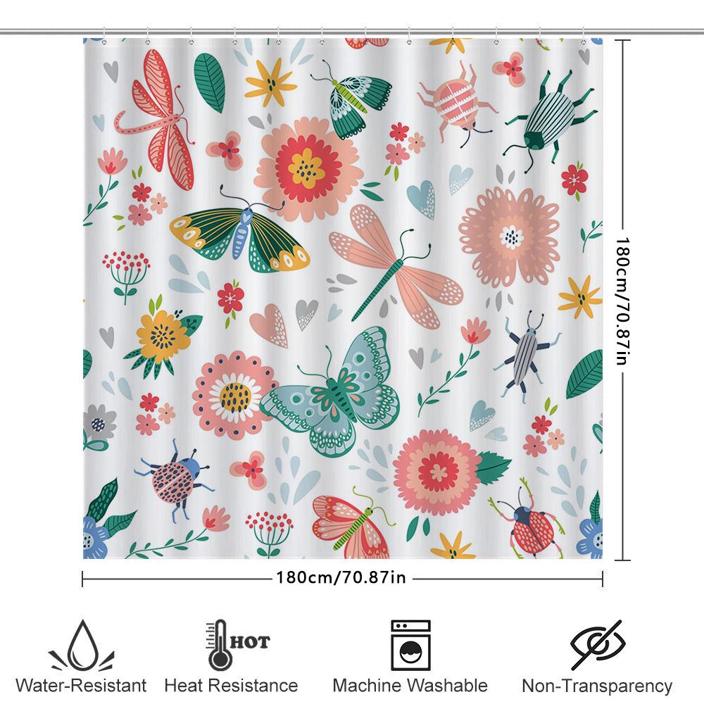 Colorful Garden Shower Curtain Bathroom Decor Featuring Butterflies Bugs Waterproof Fabric Hooks Included (White)