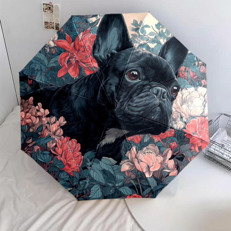 0106 Floral Black Dog  pattern, automatic folding umbrella, portable and foldable design, 8 ribs, a Christmas or birthday gift.