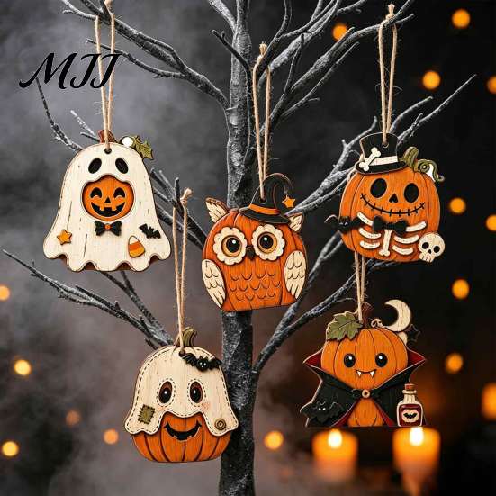 Halloween Tree Hanging Props Vintage Wooden Ornaments, Rustic Pumpkin Owl Ghost Farmhouse Kids Room Decor Decoration with Rope for Window Wall Natural