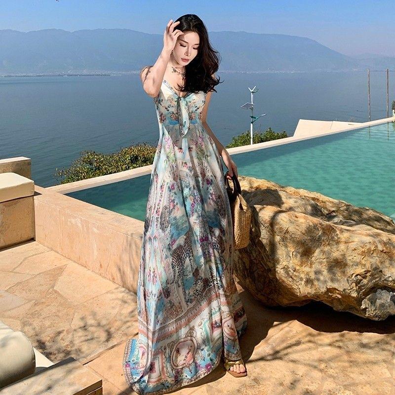 Suspender dress women's summer new bohemian vacation style long dress pure desire sexy v-neck halter dress