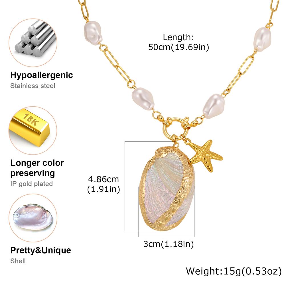 Exaggerated Abalone Shell Pendant Necklace for Women Shell Starfish Necklaces Fashion Imitation Pearl Bead Chain Jewelry Gift