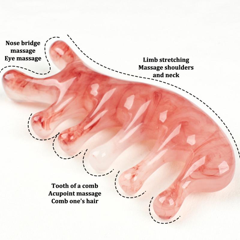 1Pc Pink Brown 5-Tooth Meridian Massage Comb, Resin Large-Tooth Head Massage Tool, 5-Paw Half Round Shap Comb