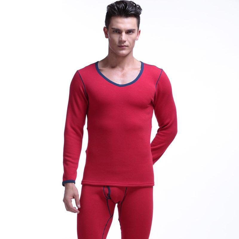 

Мужской термокостюм из хлопка с глубоким вырезом и V-образным вырезом: Свитер и брюки на бархатной подкладке для осени/зимы XL красный