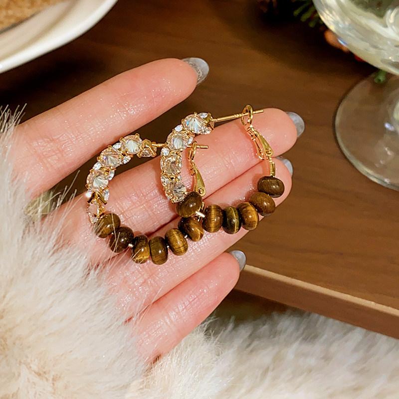 Autumn and Winter Retro Tiger's Eye Stone Round Zircon Earrings, Earrings, Temperament Versatile Earrings.