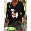 Plus size T-shirt V-neck long-sleeved women's casual fashion, spring and autumn bottoming top, letter cartoon print