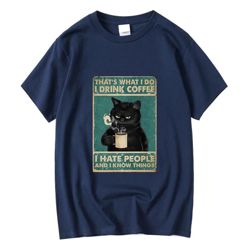 Men's T-shirt High Quality 100% Cotton Funny Cat Drinking Coffee Printing Summer Casual Cool Loose Men O-neck T-shirt Male Tops