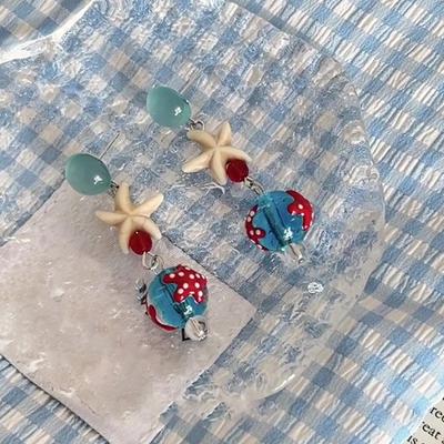 Blue Glazed Bead Starfish Earrings Fashion Beach Vacation Style High-end Earrings Fresh and Sweet Earrings Women