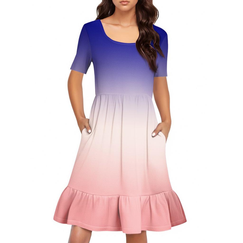 Dámské ležérní šaty s kulatým výstřihem a krátkým rukávem, volný pas, plisované šaty, plisované šaty v pase