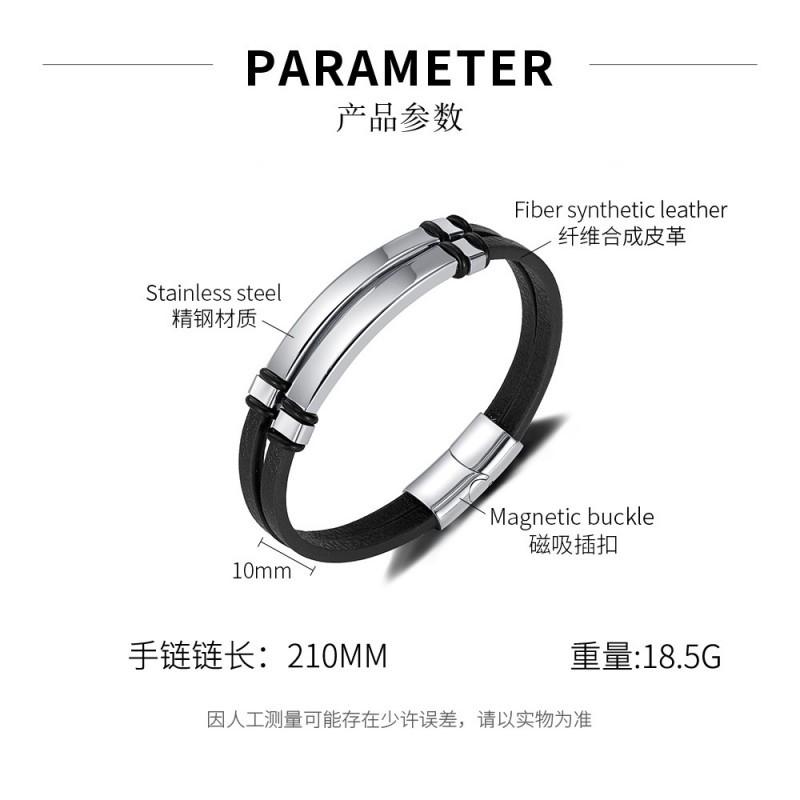 Simple Stylish Smooth Wristband With Engraved Letters Made Of Stainless Steel Double-layer Woven Leather Bracelet