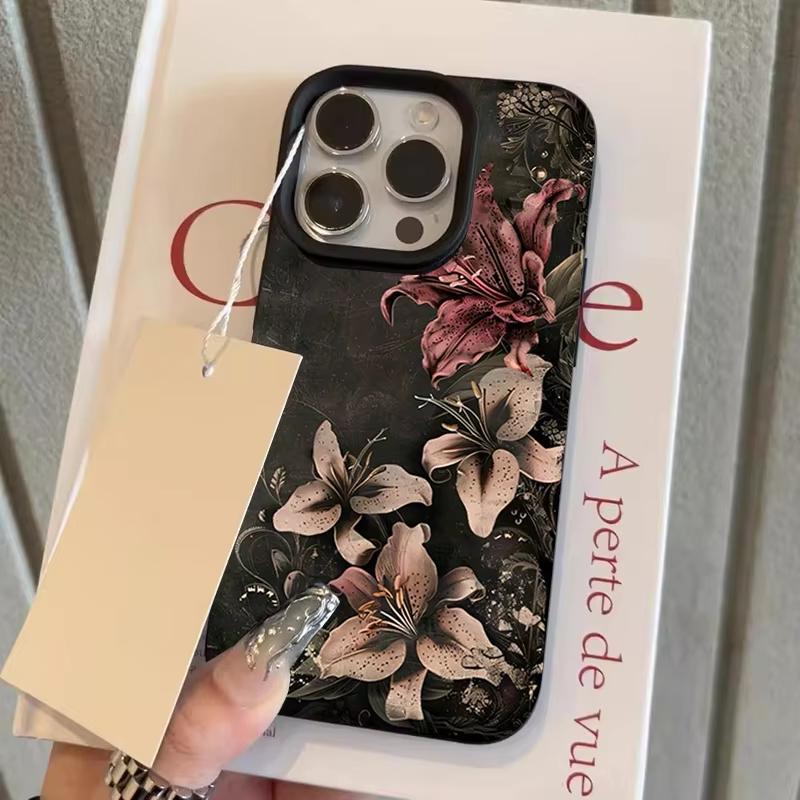 

Luxury Retro Lily Pattern Lychee Texture Phone Case For iPhone 17 16 15 14 Plus 13 12 11 Pro Max 17 Air Silicone Soft Cover iPhone XR