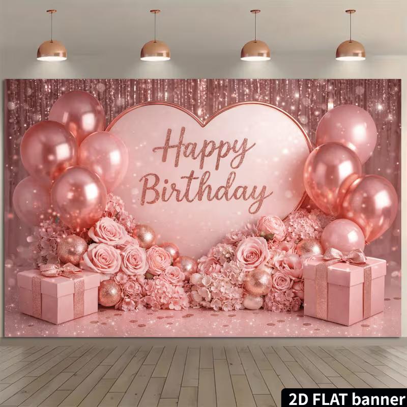 

2D Rose Gold Heart Birthday Backdrop, Pink Glitter Curtain Photography Background Cloth for Girls Birthday Party 47.2x31.5inch/120*80cm