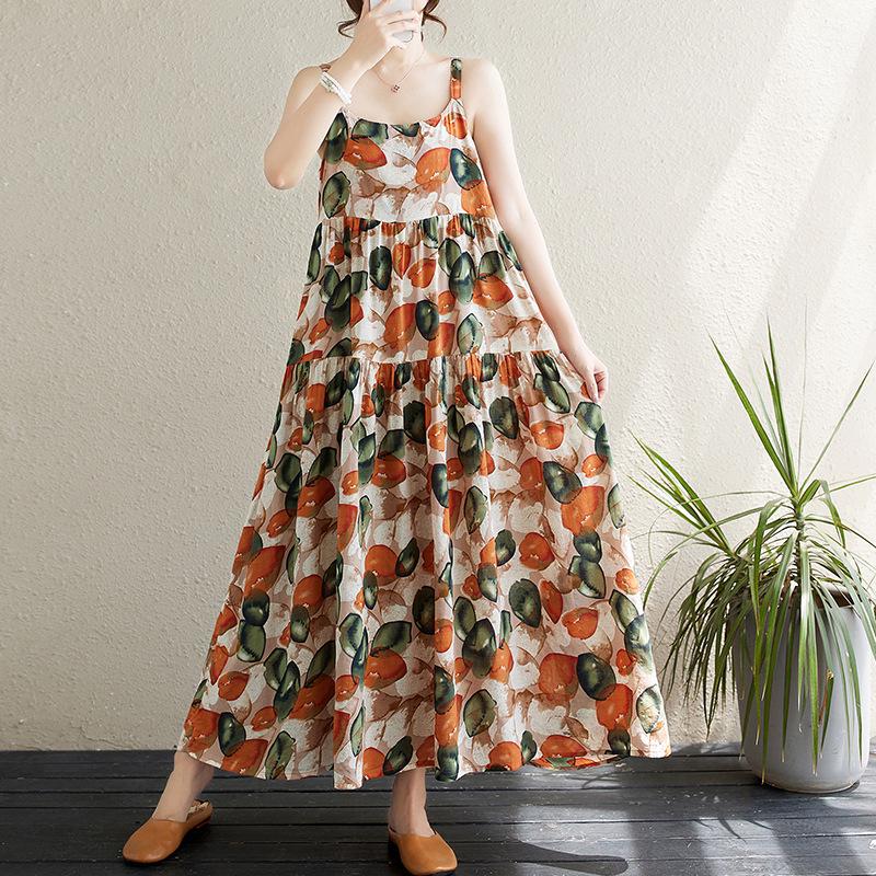 2024 Summer Cotton Linen Spaghetti Strap Long Dress with Large Hem and Slimming Fit