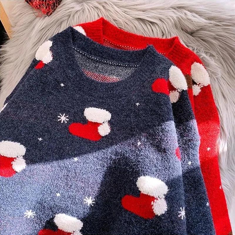 Schneeflocke Christma O-Ausschnitt Pullover Damenmode Langarm Herbst Winter Socken Print Strickpullover Chic Lady Jumper