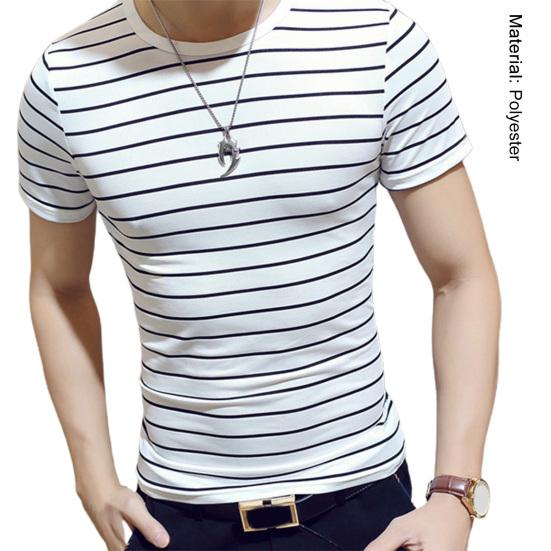 Men T-shirt Contrast Color O Neck Short Sleeve Stripe Print Formal Summer Base Top Male Clothes