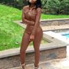 Casual Women Solid Color Faux Leather Turn Down Collar Shirt Pants Two-piece Set