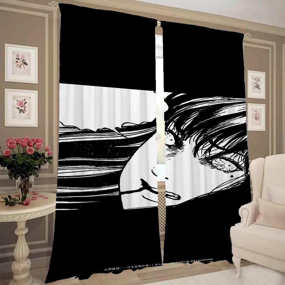 Home Interior Kitchen Curtains for Living Room 2 Pieces Blackout Curtains Door Curtain Junji Ito Bedroom Decoration Partition