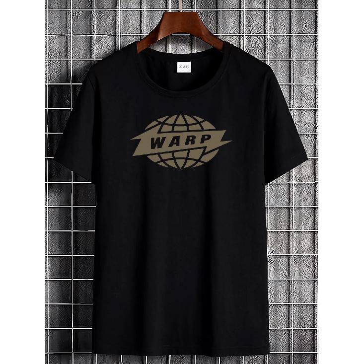 Official Vintage Music Label Tee Featuring The Warp Records Logo, This Black-On-Black Short-Sleeve Shirt Is Perfect for Fans Looking for Casual