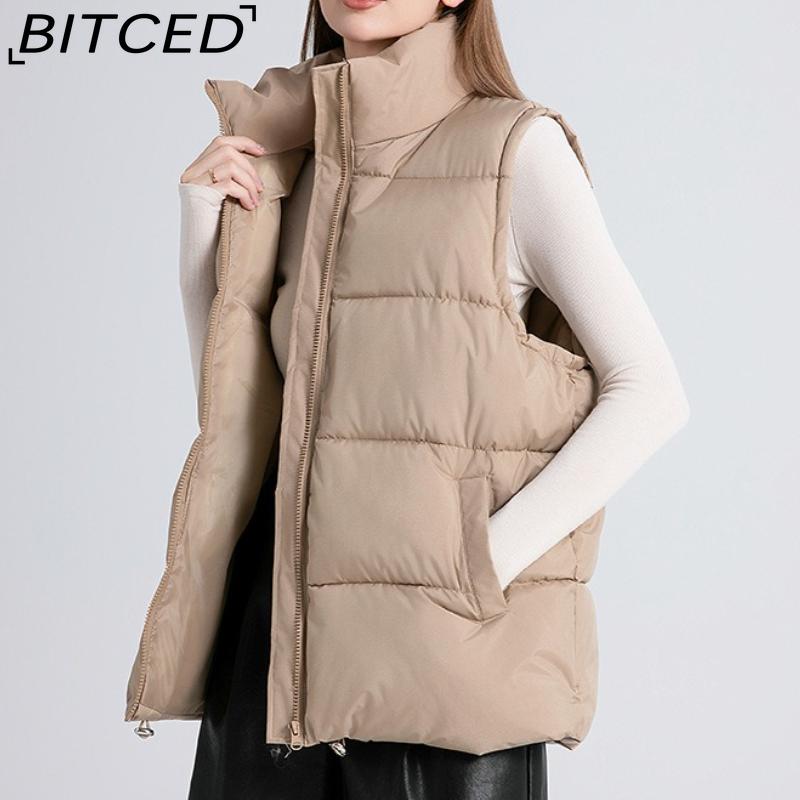 BITCED Women's Autumn/Winter Sleeveless Cotton Coat Mid-Length Stand Collar Thermal Down-Filled Cotton Vest Thickened Waistcoat Outerwear