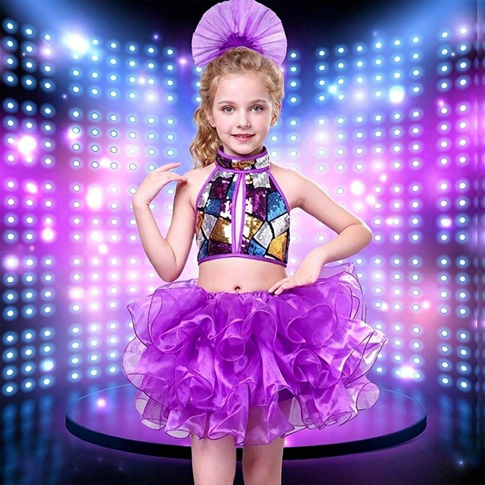 Sequins Jazz Dance Costume with Headwear Children Dance Outfit Stage Performance Costume  Kids