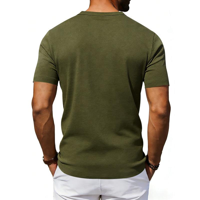 Men Contrast Shoulder Henley Neck Short Sleeve Pocket Casual Tee