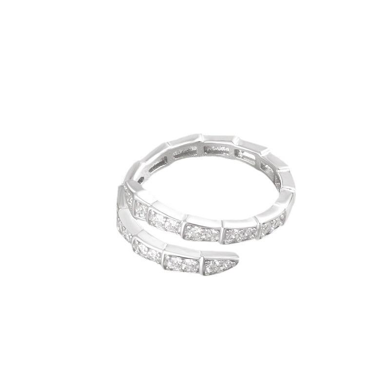 S925 Sterling Silver Snake Head Adjustable Open Ring for Women - Korean/Japanese Style Light Luxury with Full Diamond Shine