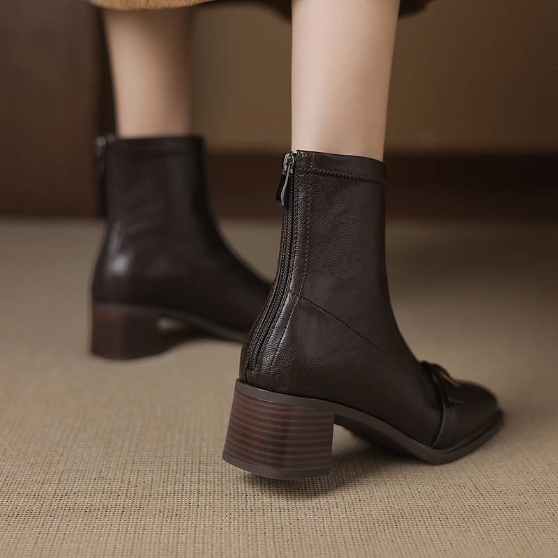 Krazing Pot Microfiber Square Toe Thick Heels Chelsea Boots Size 42 Zip Women Metal Buckle Elastic Ankle Boots