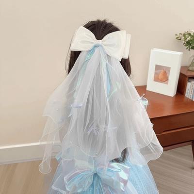 Fashion White Veil Hair Clip Bow Mesh Girls Head Gauze Polyester Beads Super Fairy Veil Hair Accessories