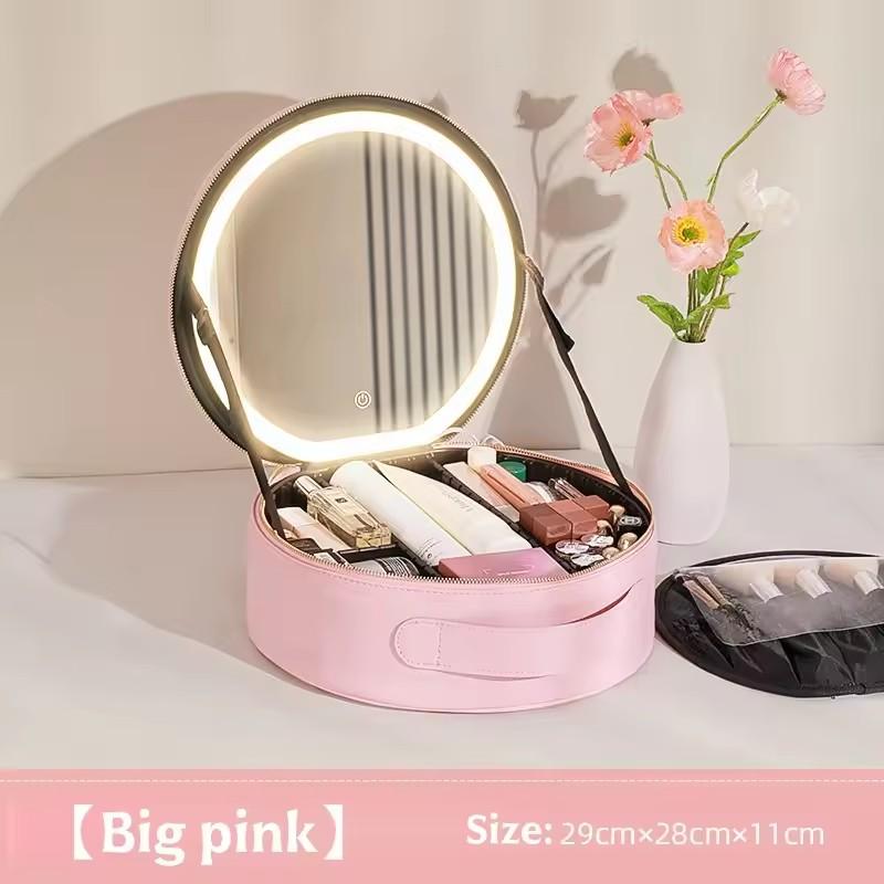 Travel PU Makeup Bag With Led Mirror Portable Cosmetic Case With Mirror And Light Travel Rechargeable Makeup Bag With Led Light