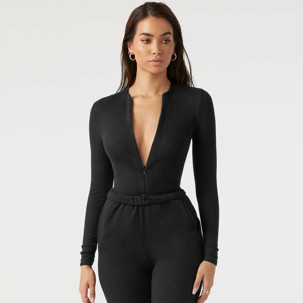 European Style Knit Bodysuit With Zipper Short Pants For Streetwear Fashion Women