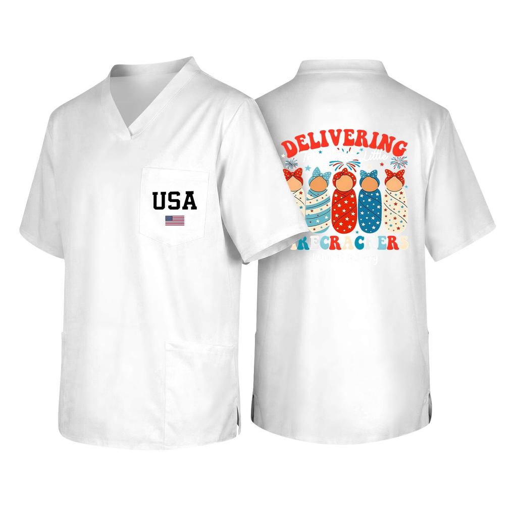Men's Short Sleeve V Neck Work Shirt Nurse Uniform Top with Pocket USA Print Casual Fit Medical Scrub Tee for Healthcare Professionals