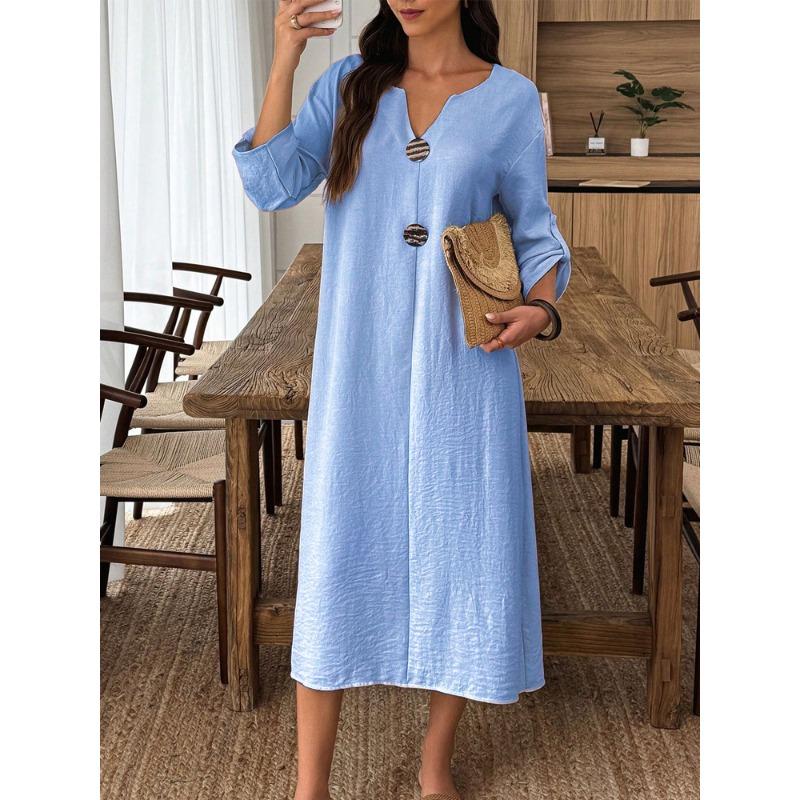 BITCED Fashion Summer Spring Solid Color Print 3/4 Sleeves V-Neck Casual Dresses