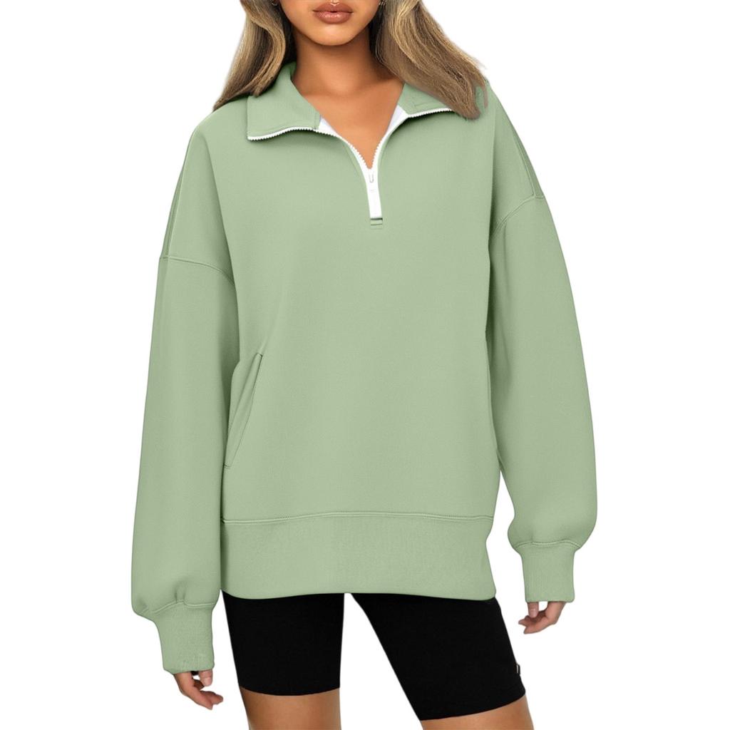 Fashionable Ladies Zipper Lapel Solid Color Pocket Casual Sweatshirt