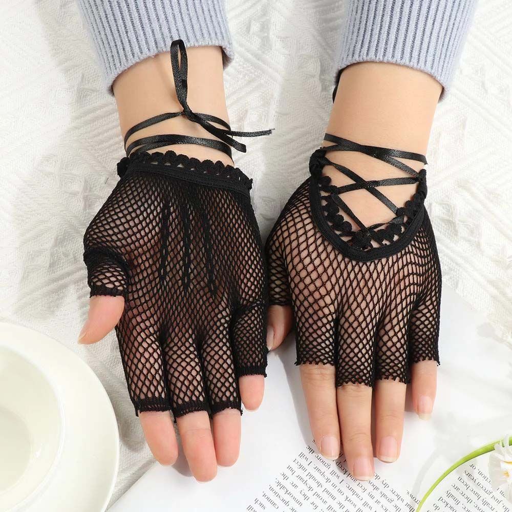 Fashion Mesh Lace Punk Black Goth Long Gloves Women Fishnet Gloves Net Mitten Fingeless Mittens