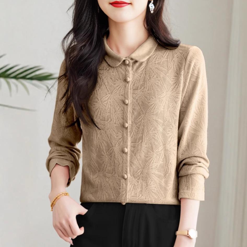 Early Spring New Women's Shirt POLO Neck Jacquard Loose Long-sleeved Shirt Temperament Commuter Top