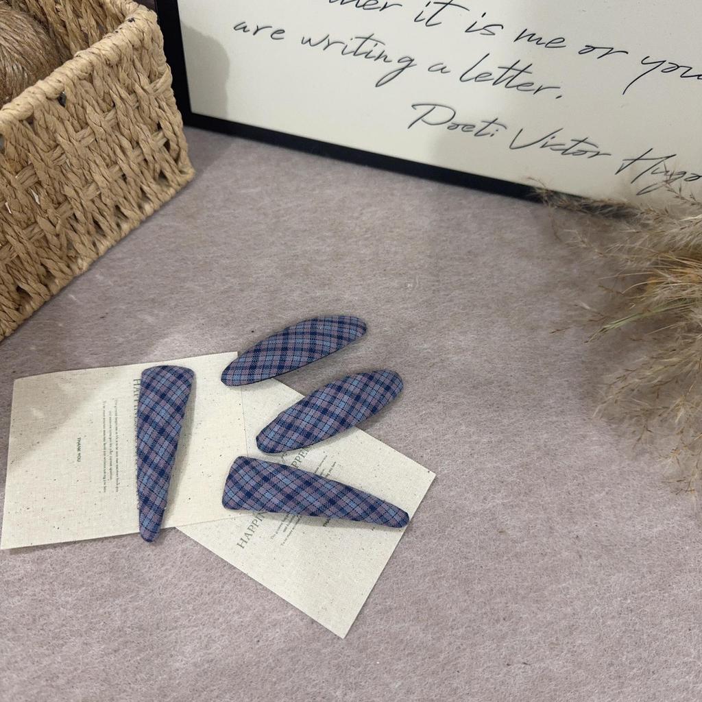 Navy Blue Geometric Plaid Hair Clip - Stylish Bangs & Side Clip