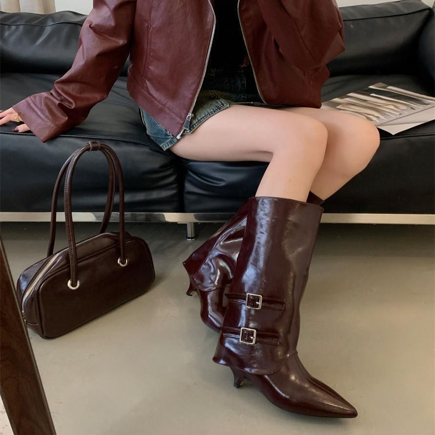 Slim Heel Pointed Brown Maillard Medium Knight Boots Women's Shoes 2025 Spring Autumn Winter Pant Boots Long Boots