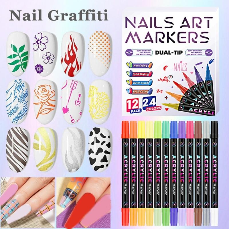 12 Stück Professionelle Nagelmarker mit 0,5 mm Präzisionsspitze und 24 reichen Schnelltrocknenden Farben Nagelkunst Kreationen Stifte